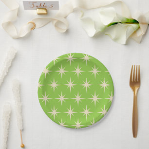 Mid Century Atomic stars Pattern on lime green Paper Plate