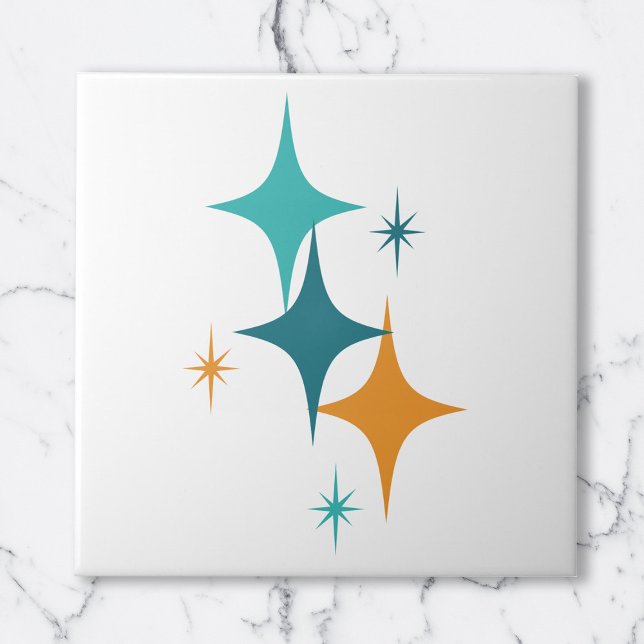Mid Century Atomic Stars White Teal Aqua Orange Tile (Mid Century Atomic Stars White Teal Aqua Orange Ceramic Tile)