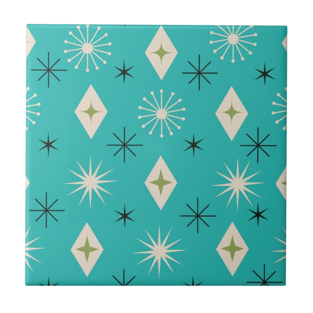 Mid Century Atomic Stars with diamonds on Teal  Tile (Front)