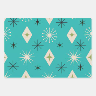 Mid Century Atomic Stars with diamonds on Teal Wrapping Paper Sheet
