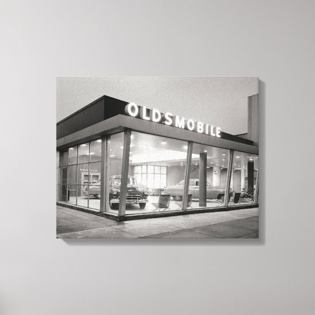 Mid-Century Auto Dealership, 1950. Canvas Print (Front)