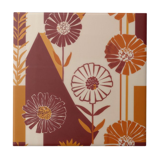 Mid Century Autumn Floral Geometric Pattern Tile (Front)