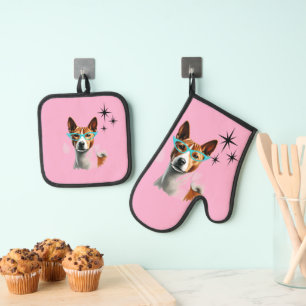 Mid-Century Basenji Dog Oven Mitt & Pot Holder Set