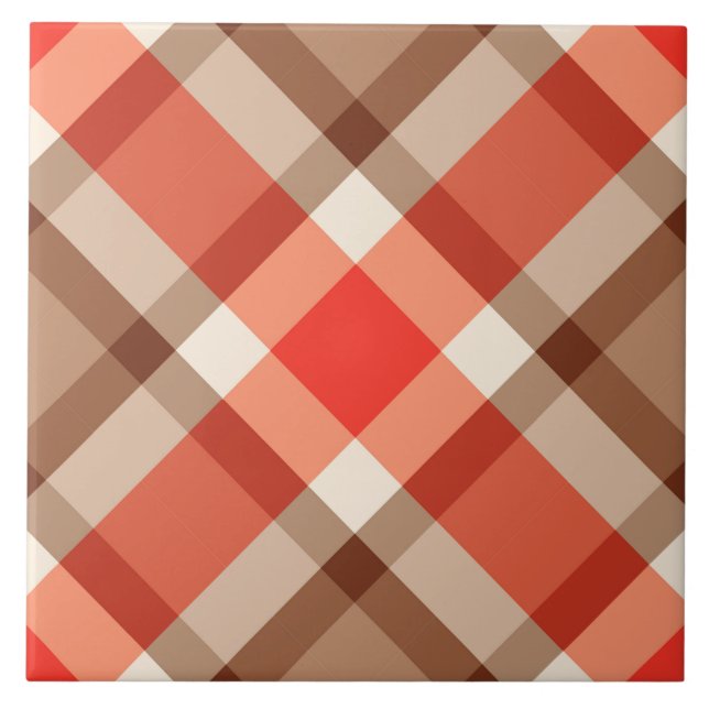 Mid-Century Bias Plaid, Coral Orange, Brown & Tan Tile (Front)