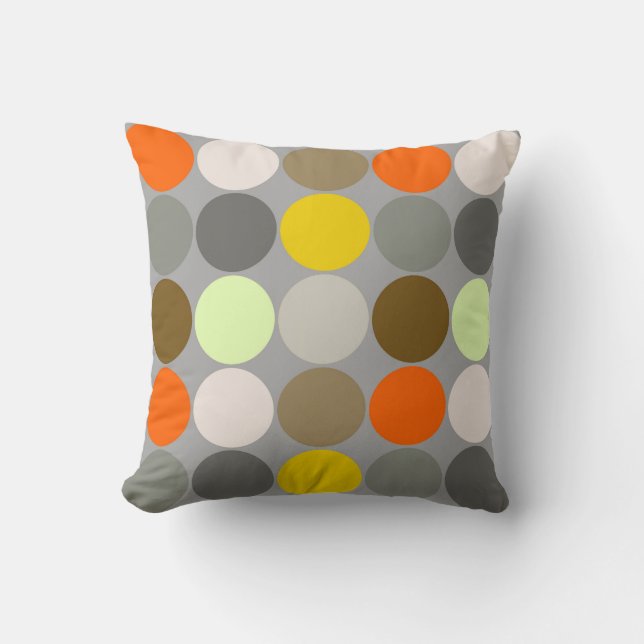 Mid-Century Big Dots, Grey, Gold and Orange Throw Pillow (Front)