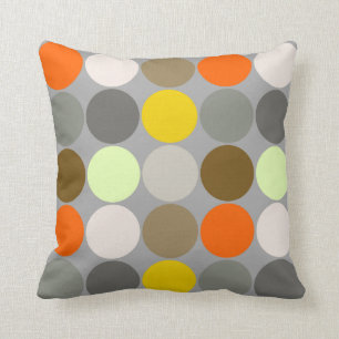Mid-Century Big Dots, Grey, Gold and Orange Throw Pillow