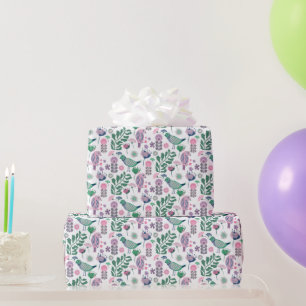 Mid Century Birds and Flowers Pattern Purple Wrapping Paper