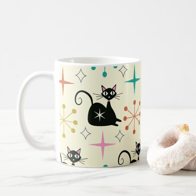 Mid Century Black Atomic Cat with Starbursts  Coffee Mug (With Donut)