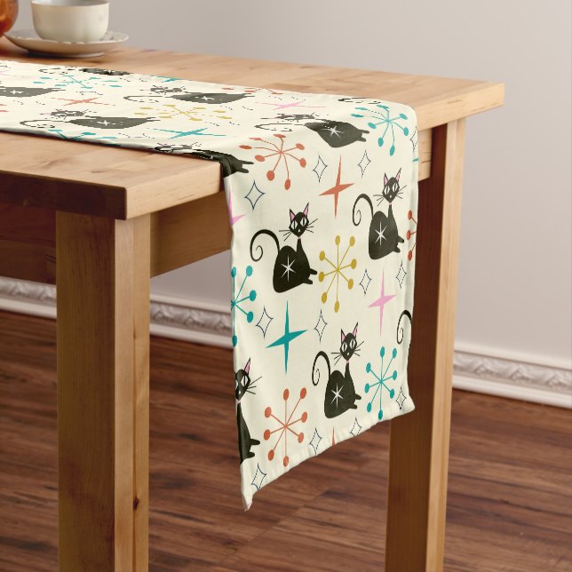 Mid Century Black Atomic Cat with Starbursts  Short Table Runner (In Situ)