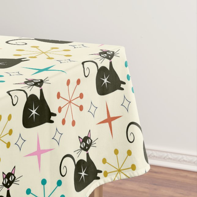 Mid Century Black Atomic Cat with Starbursts  Tablecloth (In Situ)