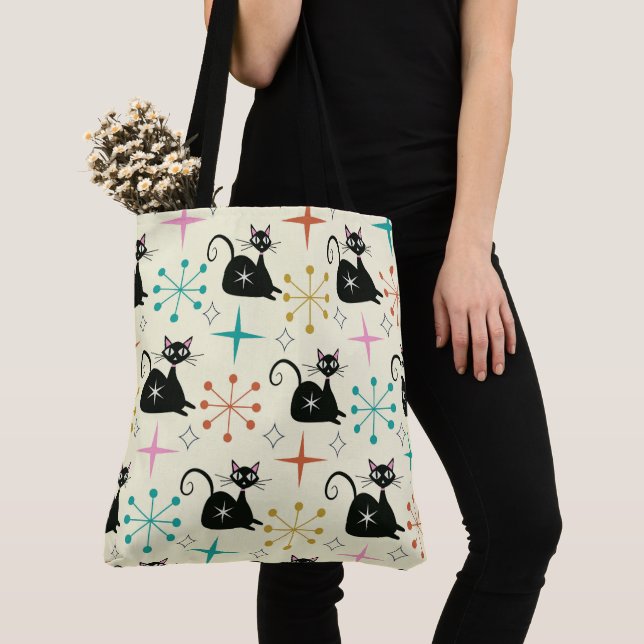 Mid Century Black Atomic Cat with Starbursts  Tote Bag (Close Up)