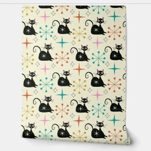 Mid Century Black Atomic Cat with Starbursts  Wallpaper