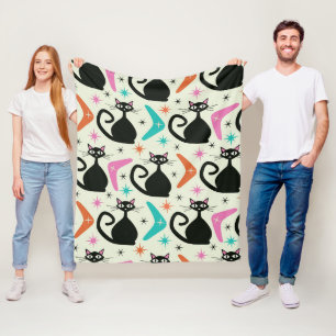 Mid-Century Black Atomic Cats and Boomerangs Fleece Blanket