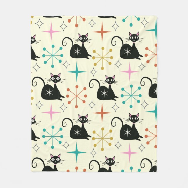 Mid Century Black Atomic Cats and Starbursts  Fleece Blanket (Front)