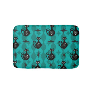 Mid Century Black Atomic Cats on Teal Ogee Bath Mat