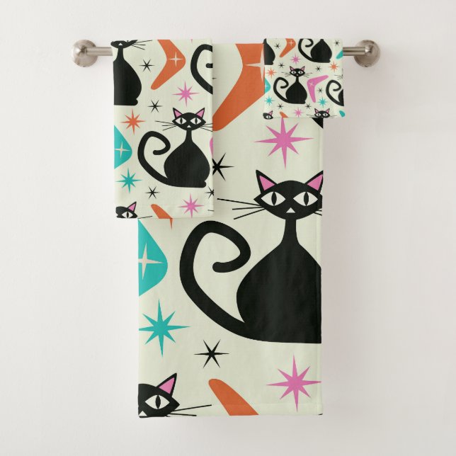 Mid Century Black Atomic Cats with Boomerangs  Bath Towel Set (Insitu)
