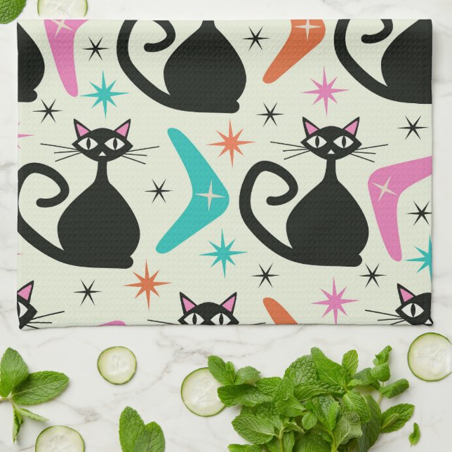Mid Century Black Atomic Cats with Boomerangs Kitchen Towel (Folded)
