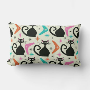 Mid Century Black Atomic Cats with Boomerangs Lumbar Pillow