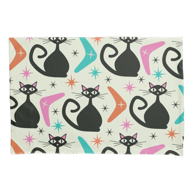 Mid Century Black Atomic Cats with Boomerangs  Pillowcase (Front)