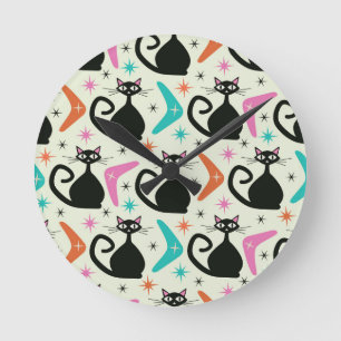 Mid Century Black Atomic Cats with Boomerangs  Round Clock