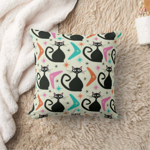 Mid Century Black Atomic Cats with Boomerangs  Throw Pillow