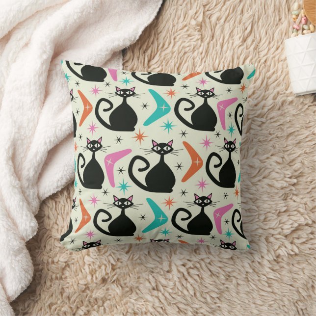 Mid Century Black Atomic Cats with Boomerangs  Throw Pillow (Blanket)