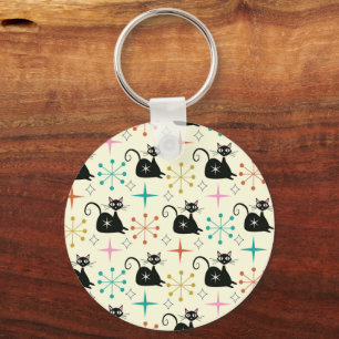 Mid Century Black Atomic Cats with Retro Starburst Keychain