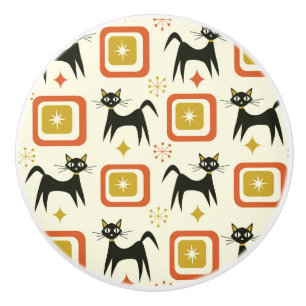 Mid Century Black Atomic Cats with Vintage squares Ceramic Knob