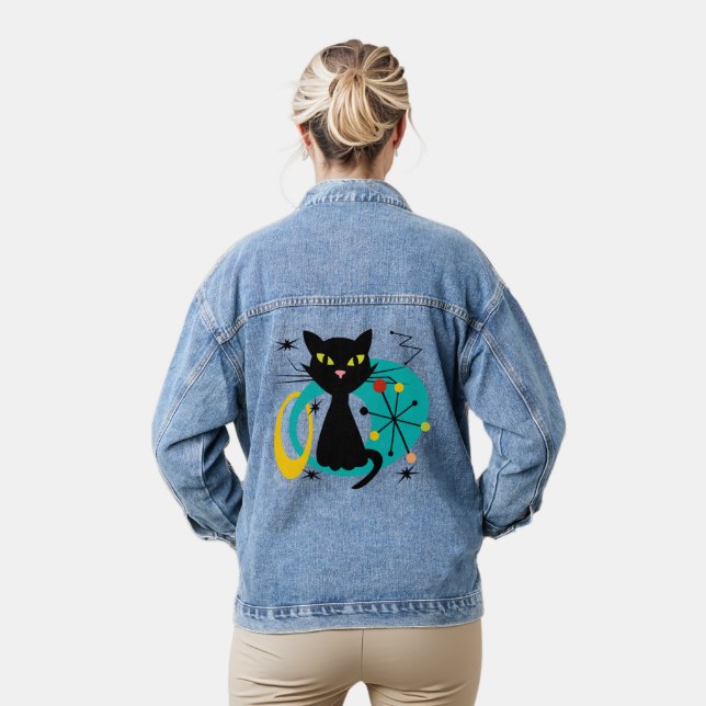 Mid Century black cat Denim Jacket (Model)