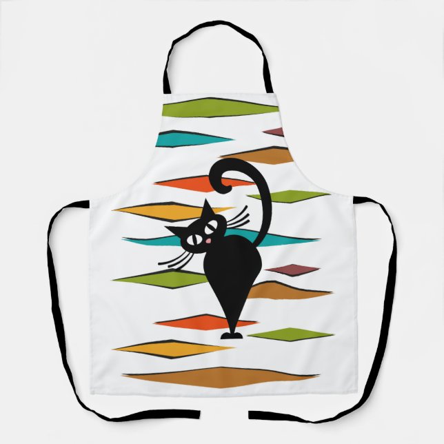 Mid Century black cat design Apron (Front)