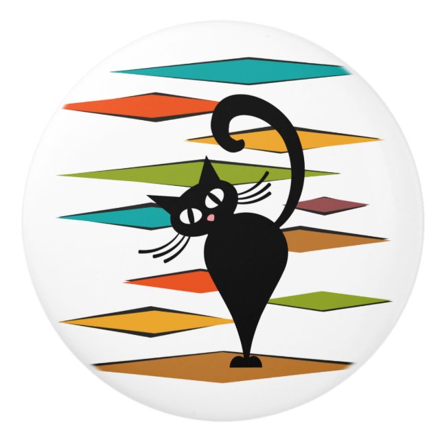 Mid Century black cat design Ceramic Knob (Front)