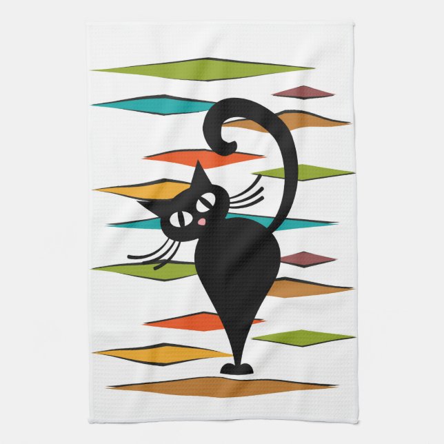Mid Century black cat design Kitchen Towel (Vertical)