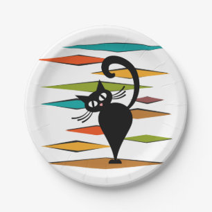 Mid Century black cat design Paper Plate