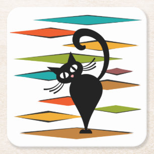 Mid Century black cat design Square Paper Coaster