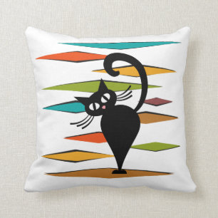 Mid Century black cat design Throw Pillow
