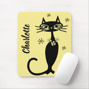 Mid Century Black Cat in Gold Background Mouse Pad