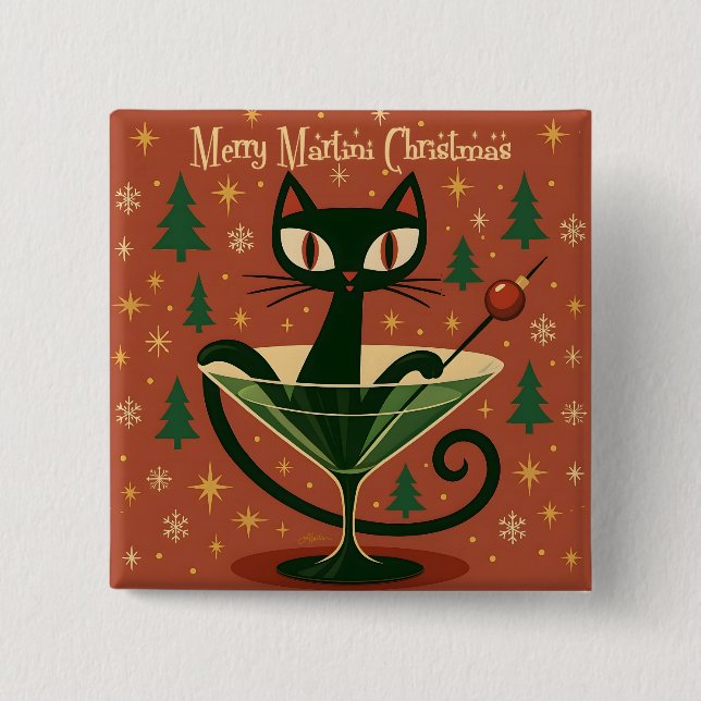 Mid Century Black Cat Merry Martini Christmas 2 Inch Square Button (Front)