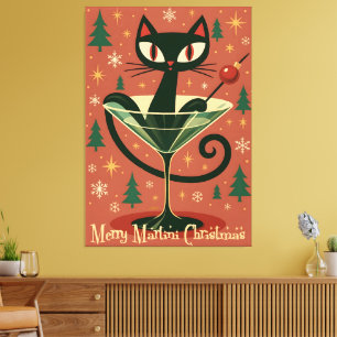 Mid Century Black Cat Merry Martini Christmas Canvas Print