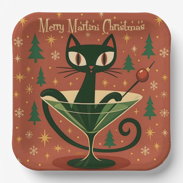 Mid Century Black Cat Merry Martini Christmas Paper Plate (Front)