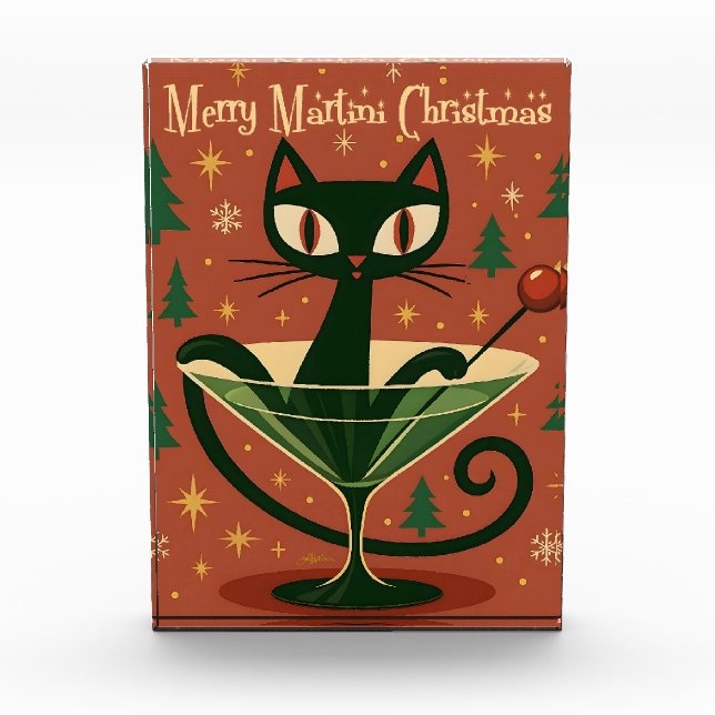 Mid Century Black Cat Merry Martini Christmas Photo Block (Front)