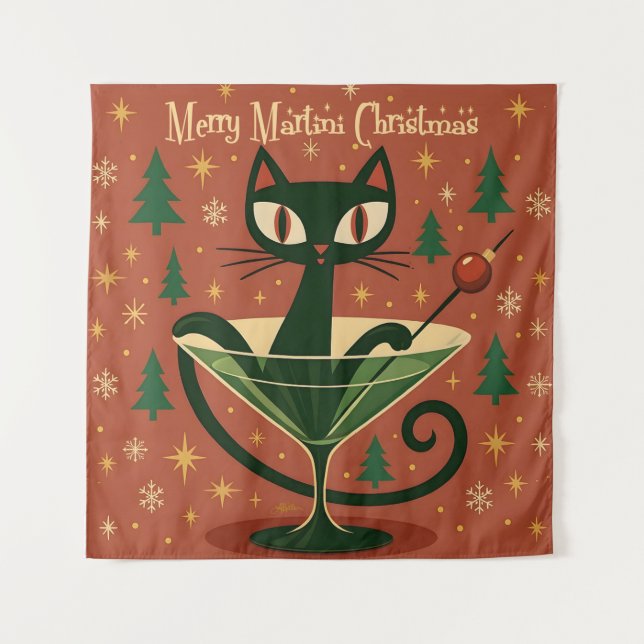 Mid Century Black Cat Merry Martini Christmas Tapestry (Front)