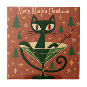 Mid Century Black Cat Merry Martini Christmas Tile