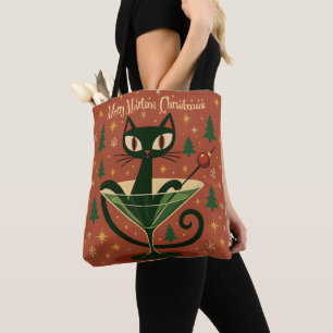 Mid Century Black Cat Merry Martini Christmas Tote Bag