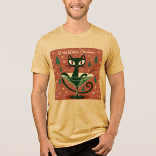 Mid Century Black Cat Merry Martini Christmas Tri-Blend Shirt