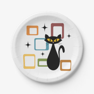 Mid Century black cat Paper Plate
