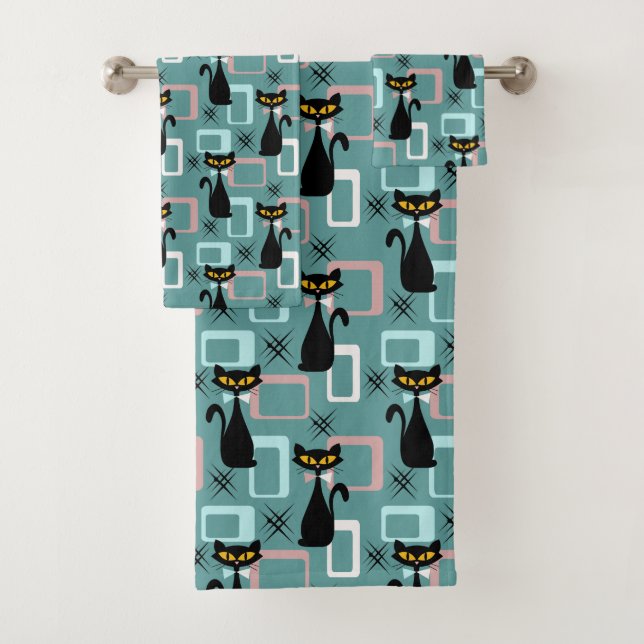 Mid Century black cat pattern Bath Towel Set (Insitu)