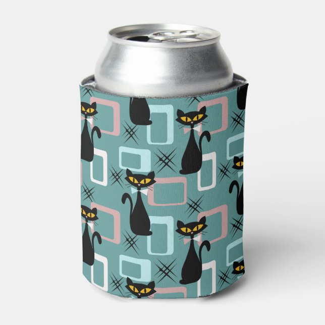 Mid Century black cat pattern Can Cooler (Can Front)