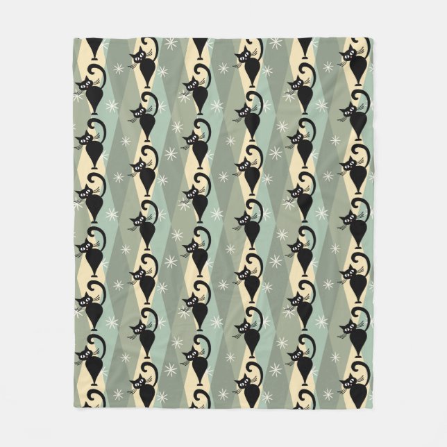 Mid Century black cat pattern Fleece Blanket (Front)