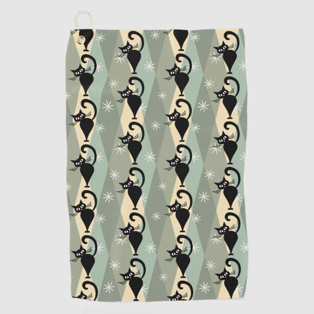 Mid Century black cat pattern Golf Towel (Front)
