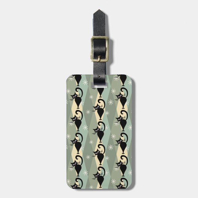 Mid Century black cat pattern Luggage Tag (Front Vertical)